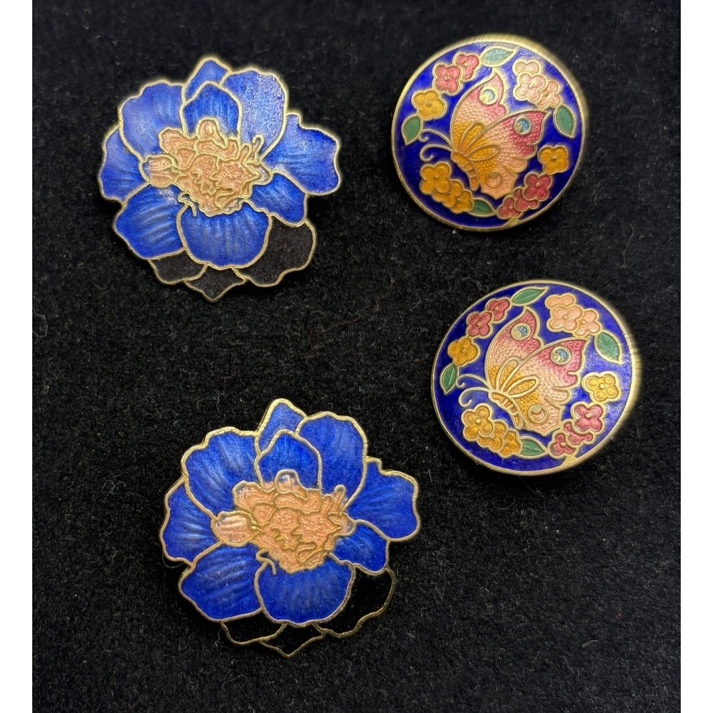 Vintage Cloisonne Enamel Earrings Butterfly Butterflies Floral Flowers 2 Pair